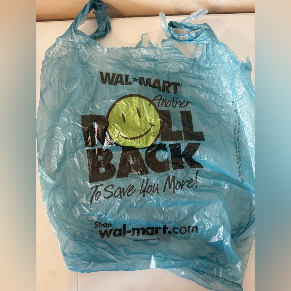 Vintage Walmart Blue Plastic Bag Movie Prop Roll Back Smiley‎ Face 2000’s